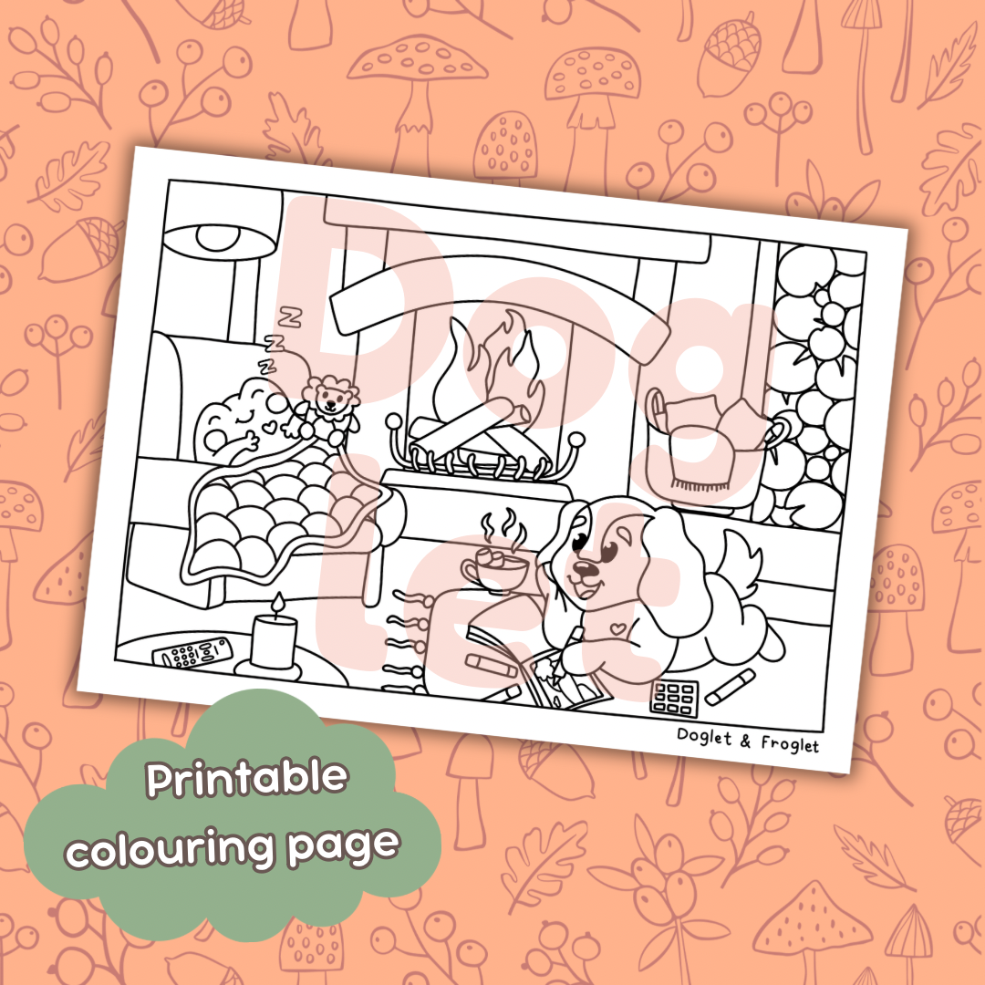Doglet and Froglet Printable colouring pages. These digital colouring pages are cute and simple ready to download and colour straight away. Following the adventures of an adorable dog and frog, doglet and froglet downloadable colouring pages are great for adults, children and teens. autumn colouring pages, fall coloring pages