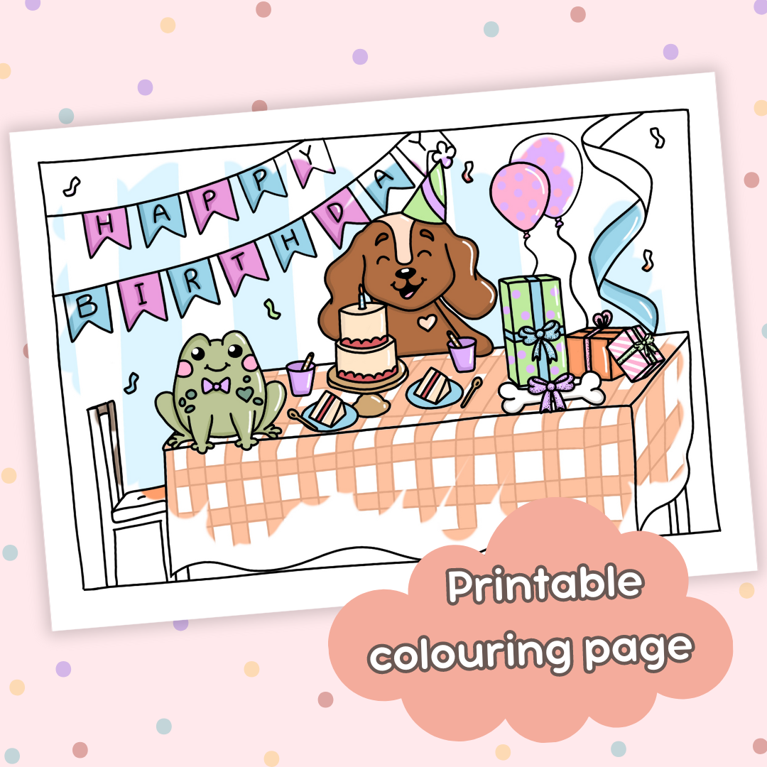 Doglet and Froglet Printable colouring pages. These digital colouring pages are cute and simple ready to download and colour straight away. Following the adventures of an adorable dog and frog, doglet and froglet downloadable colouring pages are great for adults, children and teens. Birthday colouring page