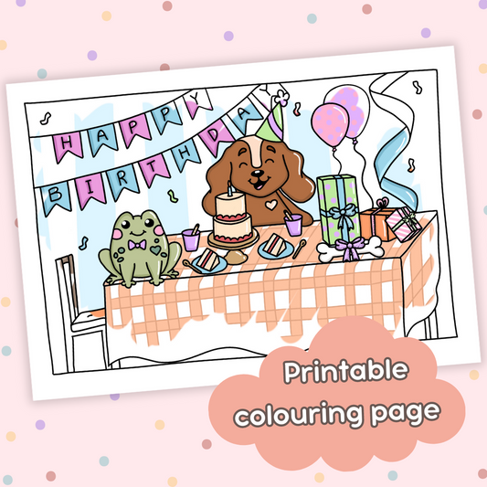 Doglet and Froglet Printable colouring pages. These digital colouring pages are cute and simple ready to download and colour straight away. Following the adventures of an adorable dog and frog, doglet and froglet downloadable colouring pages are great for adults, children and teens. Birthday colouring page