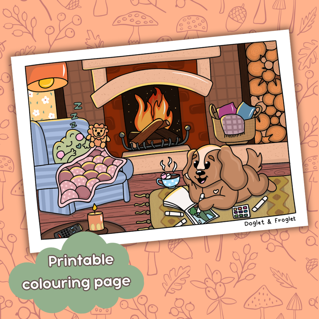 Doglet and Froglet Printable colouring pages. These digital colouring pages are cute and simple ready to download and colour straight away. Following the adventures of an adorable dog and frog, doglet and froglet downloadable colouring pages are great for adults, children and teens. autumn colouring pages, fall coloring pages