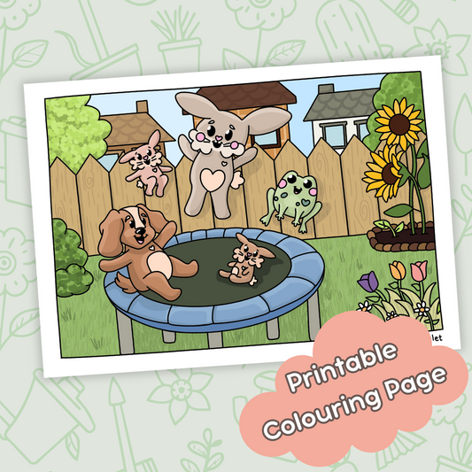 Bunnies on a Trampoline • Printable Colouring Page