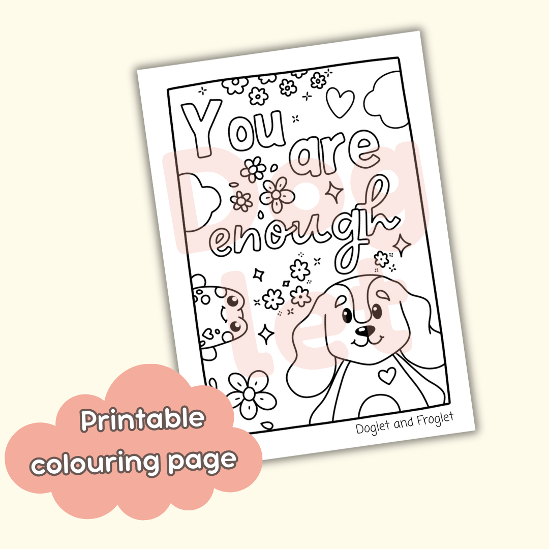 Doglet and Froglet Printable colouring pages. These digital colouring pages are cute and simple ready to download and colour straight away. Following the adventures of an adorable dog and frog, doglet and froglet downloadable colouring pages are great for adults, children and teens. positive affirmation colouring pages