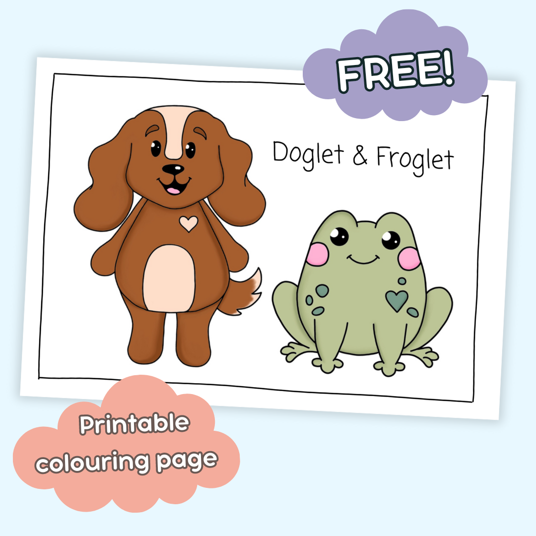 Doglet and Froglet Printable colouring pages. These digital colouring pages are cute and simple ready to download and colour straight away. Following the adventures of an adorable dog and frog, doglet and froglet downloadable colouring pages are great for adults, children and teens. Free printable colouring page