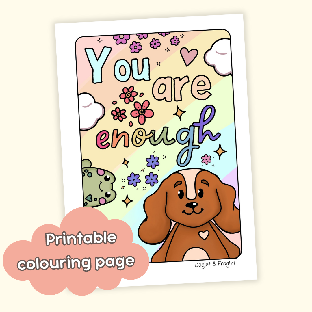 Doglet and Froglet Printable colouring pages. These digital colouring pages are cute and simple ready to download and colour straight away. Following the adventures of an adorable dog and frog, doglet and froglet downloadable colouring pages are great for adults, children and teens. positive affirmation colouring pages