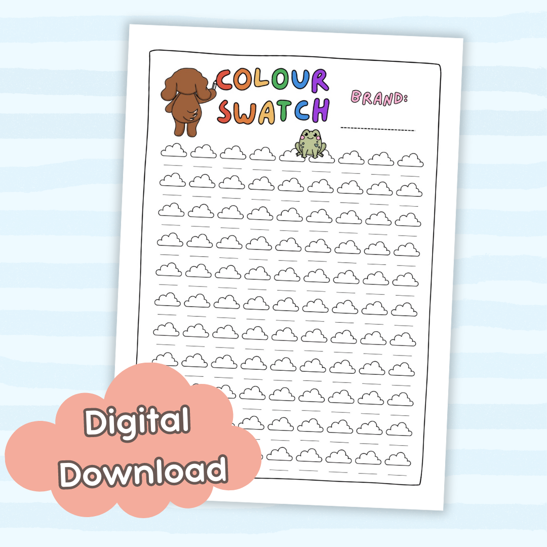 Doglet and Froglet Printable colouring pages. These digital colouring pages are cute and simple ready to download and colour straight away. Following the adventures of an adorable dog and frog, doglet and froglet downloadable colouring pages are great for adults, children and teens. colour swatch sheet