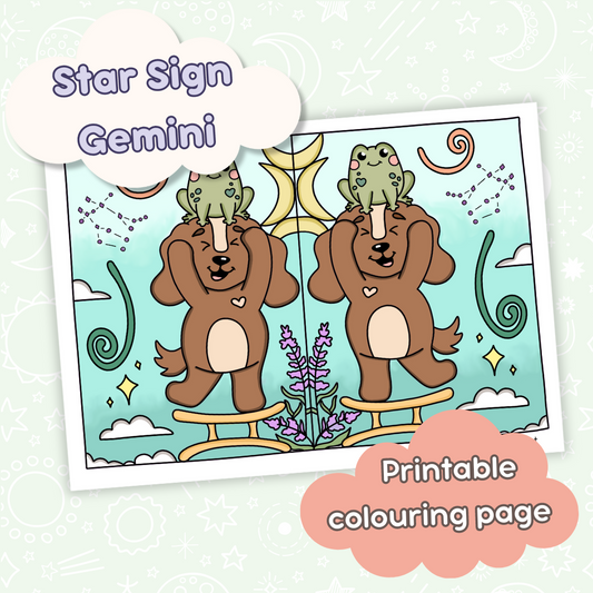 Doglet and Froglet Printable colouring pages. These digital colouring pages are cute and simple ready to download and colour straight away. Following the adventures of an adorable dog and frog, doglet and froglet downloadable colouring pages are great for adults, children and teens. Horoscope colouring page. Gemini Colouring page