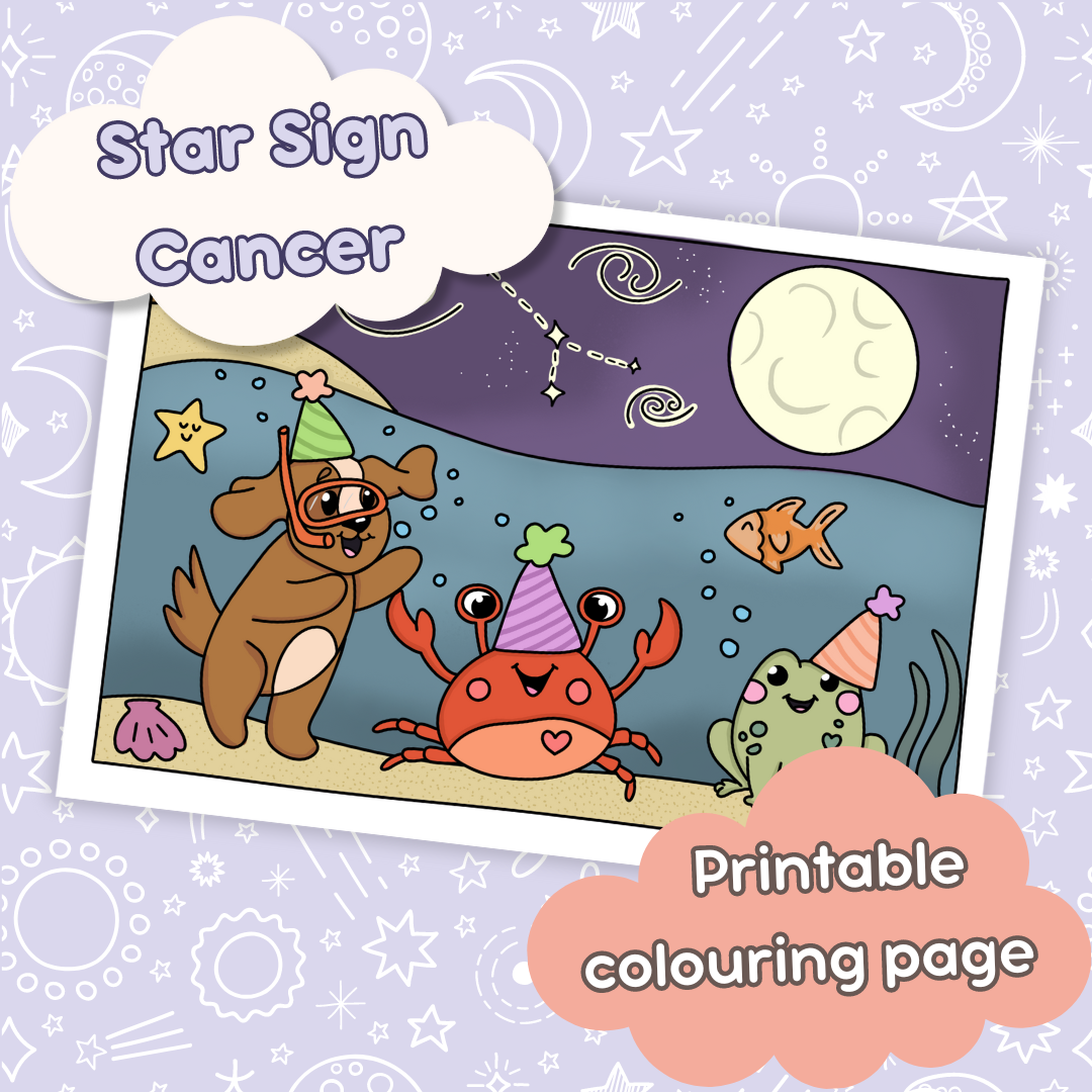 Doglet and Froglet Printable colouring pages. These digital colouring pages are cute and simple ready to download and colour straight away. Following the adventures of an adorable dog and frog, doglet and froglet downloadable colouring pages are great for adults, children and teens. Horoscope colouring page. Cancer star sign colouring page