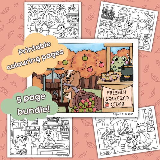 Doglet and Froglet Printable colouring pages. These digital colouring pages are cute and simple ready to download and colour straight away. Following the adventures of an adorable dog and frog, doglet and froglet downloadable colouring pages are great for adults, children and teens. autumn colouring pages, fall coloring pages