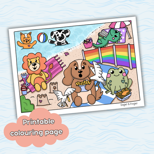 Doglet and Froglet Printable colouring pages. These digital colouring pages are cute and simple ready to download and colour straight away. Following the adventures of an adorable dog and frog, doglet and froglet downloadable colouring pages are great for adults, children and teens. beach printable colouring page