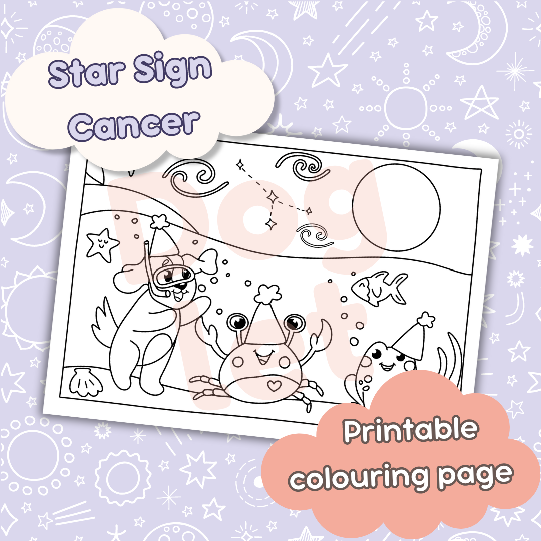 Doglet and Froglet Printable colouring pages. These digital colouring pages are cute and simple ready to download and colour straight away. Following the adventures of an adorable dog and frog, doglet and froglet downloadable colouring pages are great for adults, children and teens. Horoscope colouring page. Cancer star sign colouring page