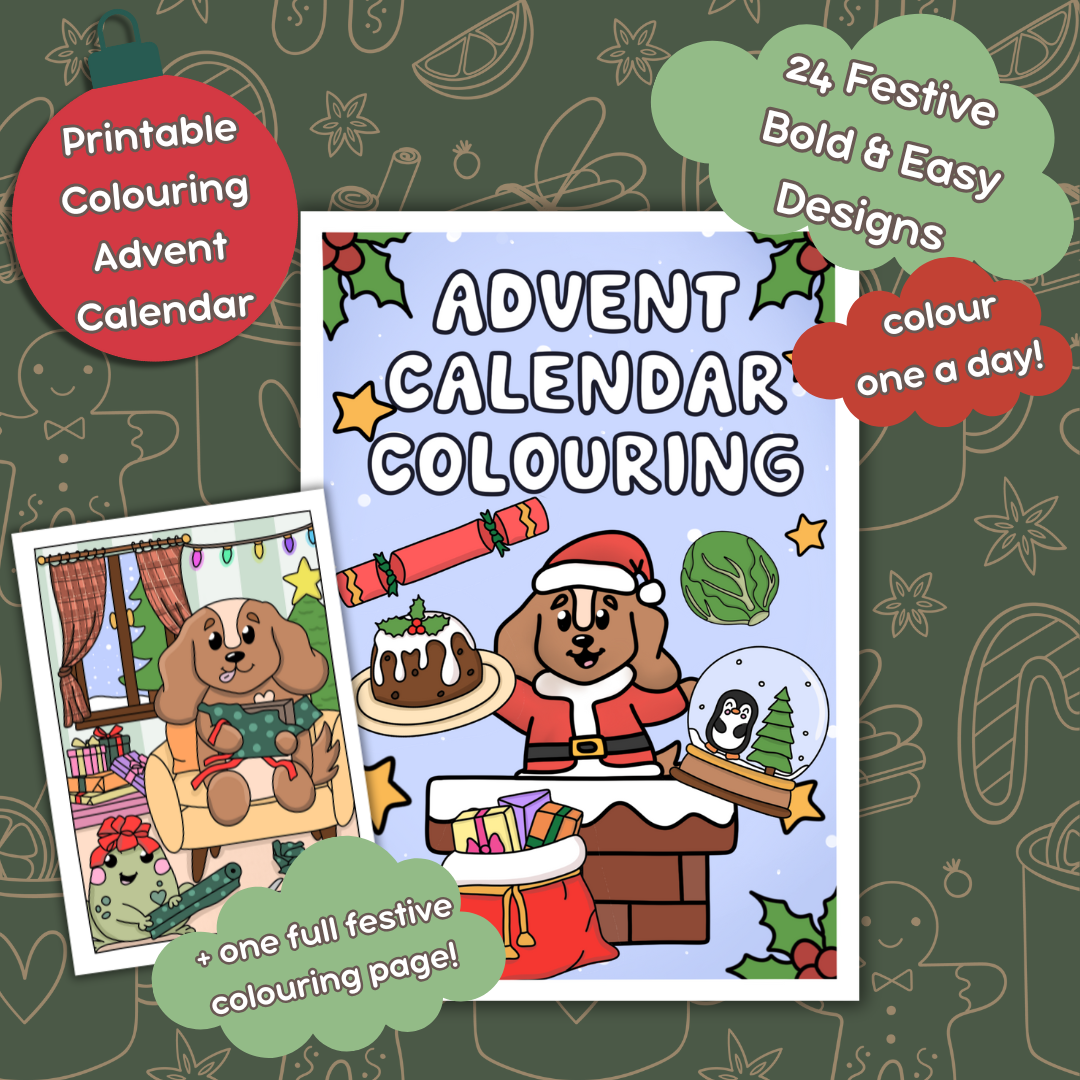 Doglet and Froglet Printable colouring pages. These digital colouring pages are cute and simple ready to download and colour straight away. Following the adventures of an adorable dog and frog, doglet and froglet downloadable colouring pages are great for adults, children and teens. colouring advent calendar, colourable advent calendar