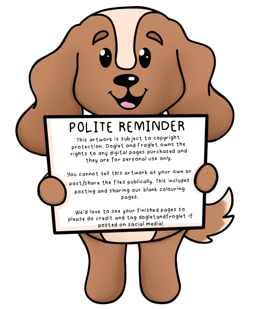 Doglet and Froglet Printable colouring pages. These digital colouring pages are cute and simple ready to download and colour straight away. Following the adventures of an adorable dog and frog, doglet and froglet downloadable colouring pages are great for adults, children and teens.