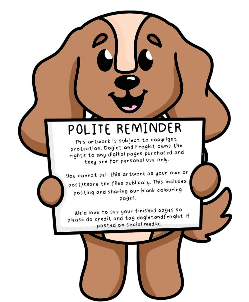 Doglet and Froglet Printable colouring pages. These digital colouring pages are cute and simple ready to download and colour straight away. Following the adventures of an adorable dog and frog, doglet and froglet downloadable colouring pages are great for adults, children and teens.