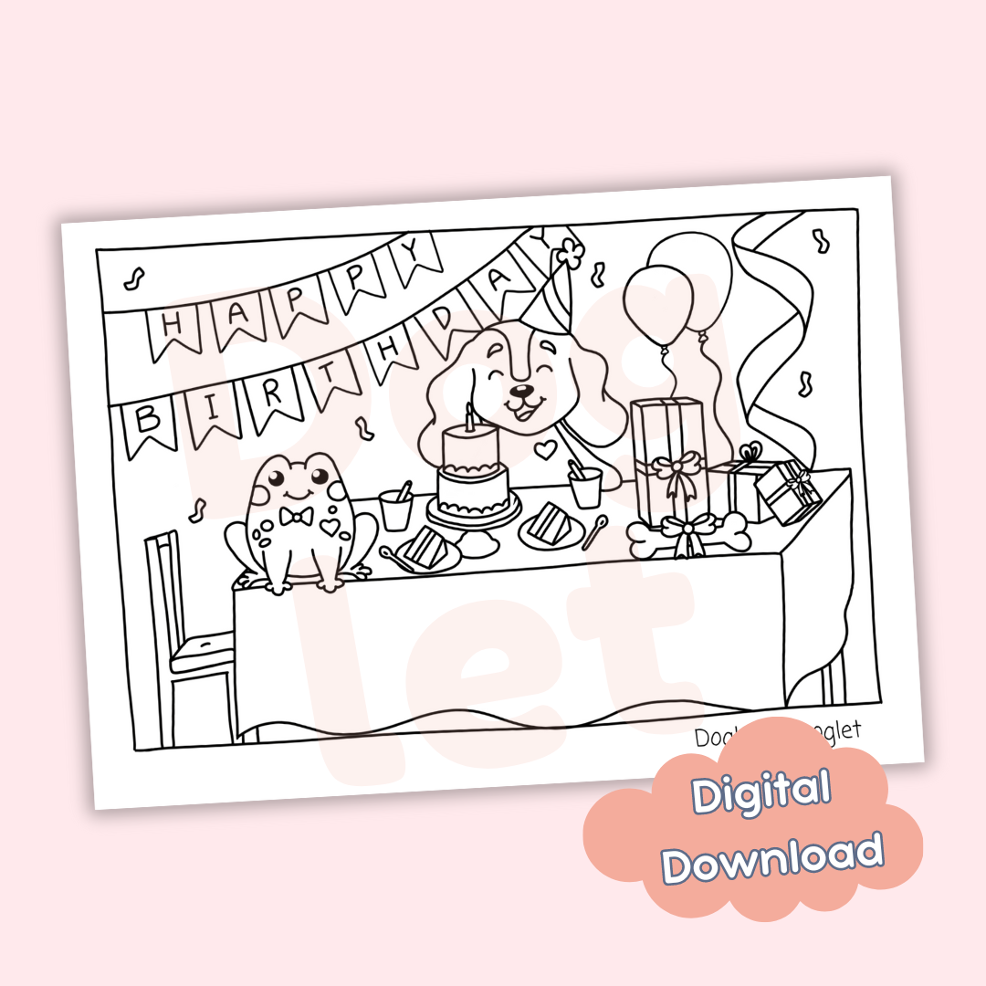 Doglet and Froglet Printable colouring pages. These digital colouring pages are cute and simple ready to download and colour straight away. Following the adventures of an adorable dog and frog, doglet and froglet downloadable colouring pages are great for adults, children and teens. birthday colouring page