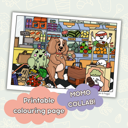 Doglet and Froglet Printable colouring pages. These digital colouring pages are cute and simple ready to download and colour straight away. Following the adventures of an adorable dog and frog, doglet and froglet downloadable colouring pages are great for adults, children and teens. grocery store colouring page, momo colouring page, momo aint no fluff, supermarket coloring page