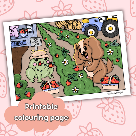 Doglet and Froglet Printable colouring pages. These digital colouring pages are cute and simple ready to download and colour straight away. Following the adventures of an adorable dog and frog, doglet and froglet downloadable colouring pages are great for adults, children and teens. strawberry picking printable colouring page