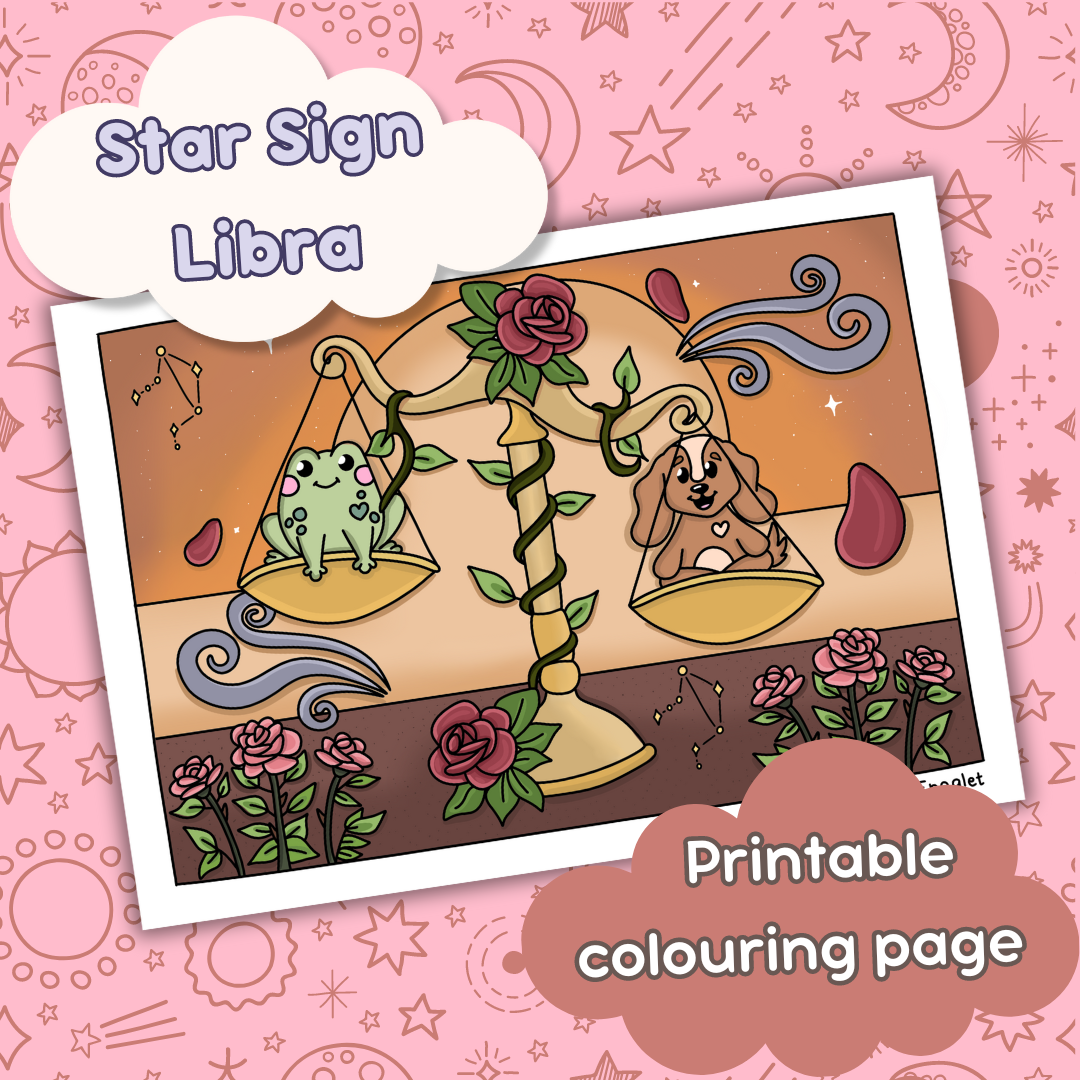 Doglet and Froglet Printable colouring pages. These digital colouring pages are cute and simple ready to download and colour straight away. Following the adventures of an adorable dog and frog, doglet and froglet downloadable colouring pages are great for adults, children and teens. Horoscope colouring page. Libra star sign colouring page