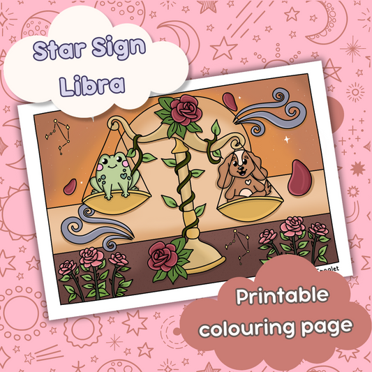 Doglet and Froglet Printable colouring pages. These digital colouring pages are cute and simple ready to download and colour straight away. Following the adventures of an adorable dog and frog, doglet and froglet downloadable colouring pages are great for adults, children and teens. Horoscope colouring page. Libra star sign colouring page