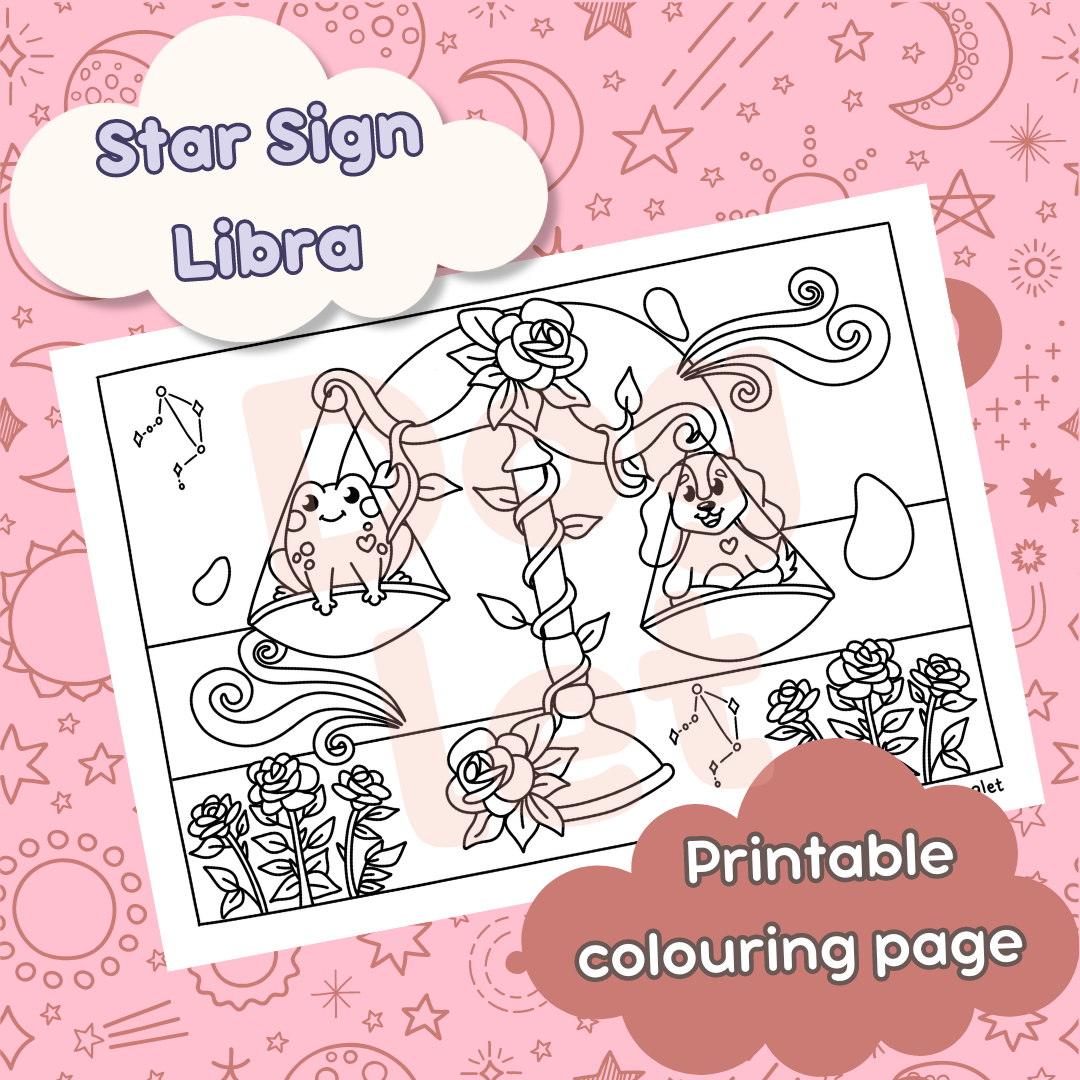 Doglet and Froglet Printable colouring pages. These digital colouring pages are cute and simple ready to download and colour straight away. Following the adventures of an adorable dog and frog, doglet and froglet downloadable colouring pages are great for adults, children and teens. Horoscope colouring page. Libra star sign colouring page