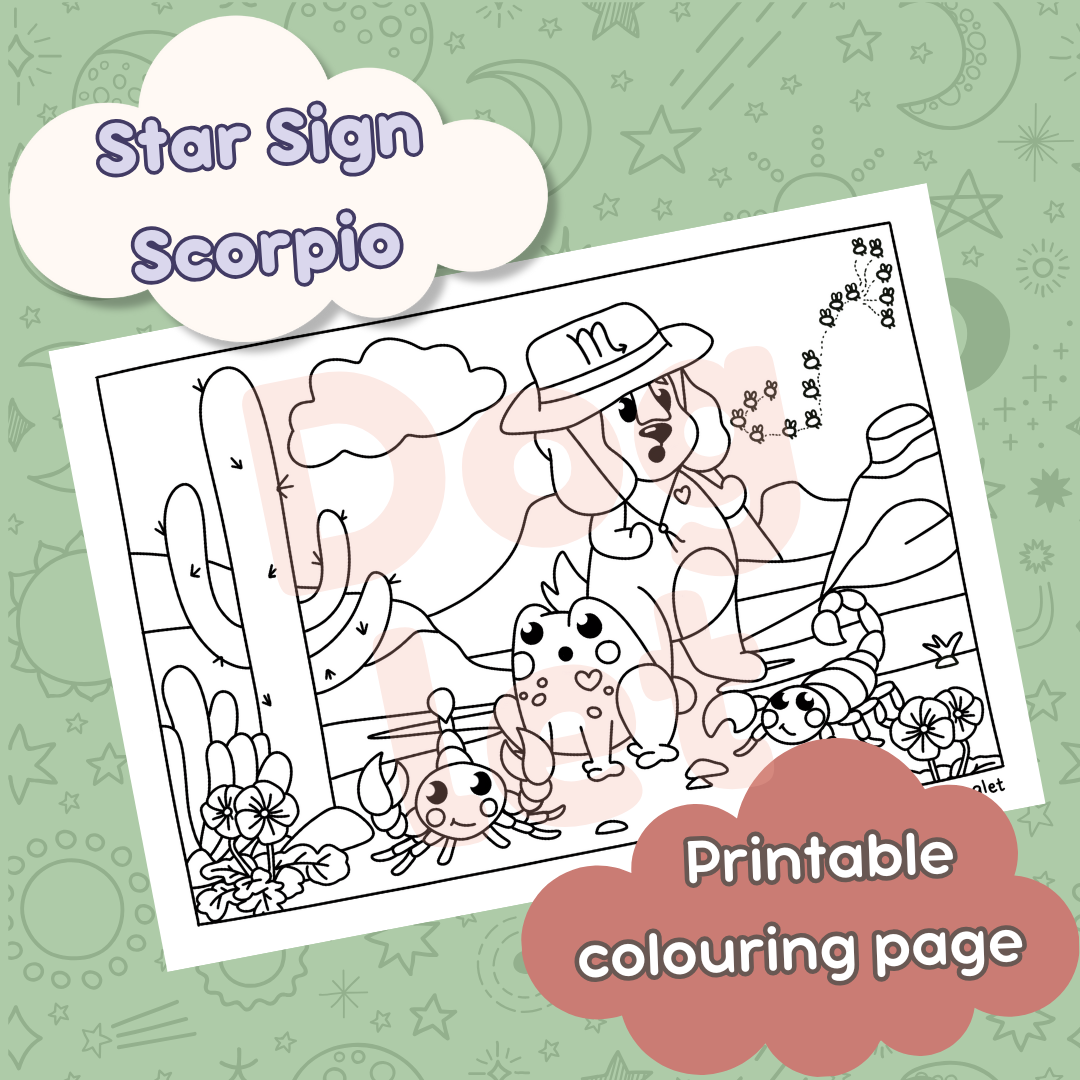 Doglet and Froglet Printable colouring pages. These digital colouring pages are cute and simple ready to download and colour straight away. Following the adventures of an adorable dog and frog, doglet and froglet downloadable colouring pages are great for adults, children and teens. Horoscope colouring page. Scorpio star sign colouring page