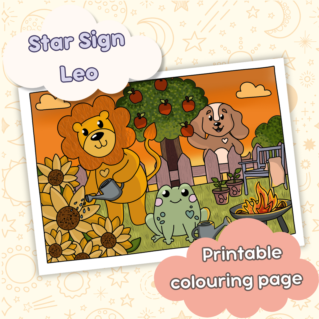 Doglet and Froglet Printable colouring pages. These digital colouring pages are cute and simple ready to download and colour straight away. Following the adventures of an adorable dog and frog, doglet and froglet downloadable colouring pages are great for adults, children and teens. Horoscope colouring page. Leo star sign colouring page