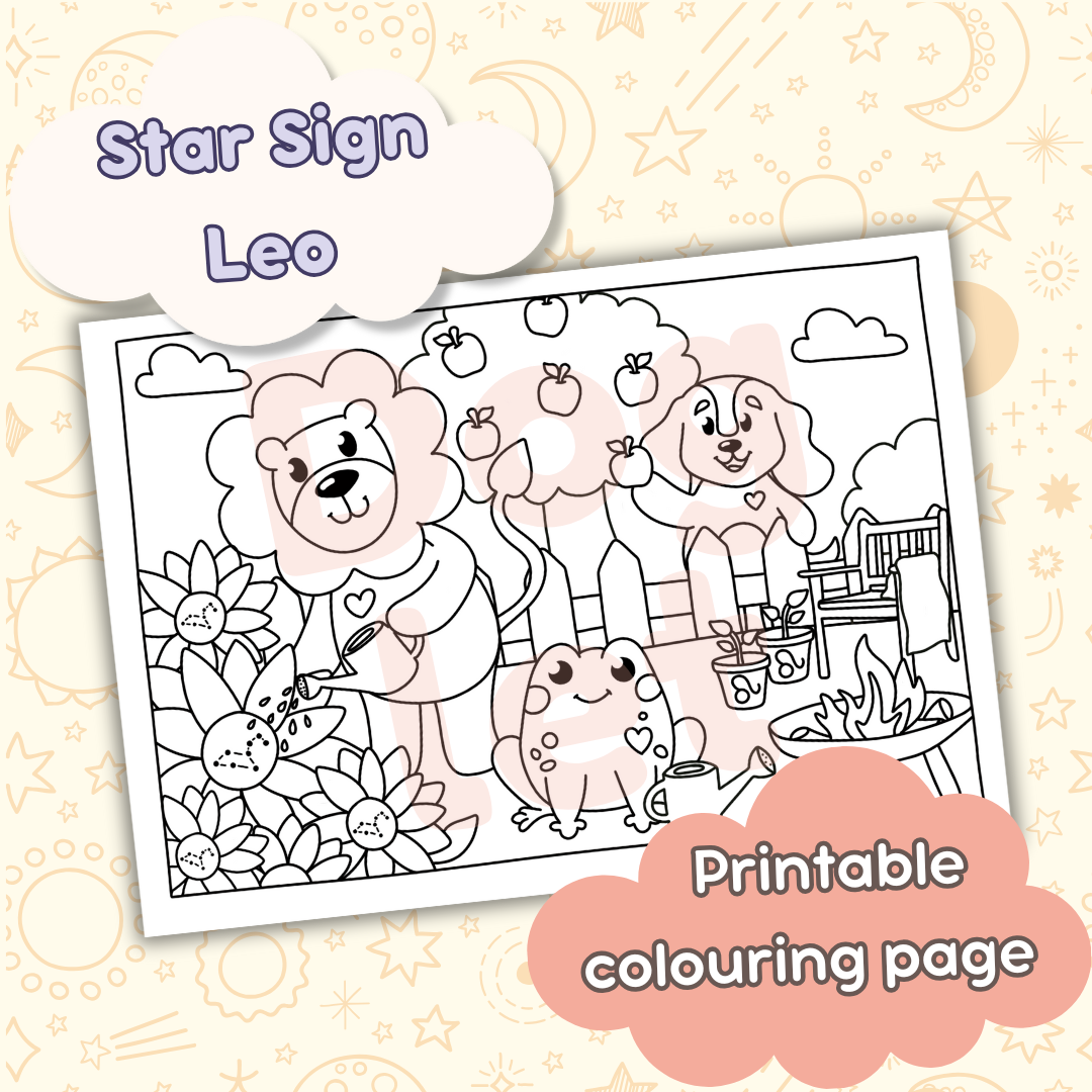 Doglet and Froglet Printable colouring pages. These digital colouring pages are cute and simple ready to download and colour straight away. Following the adventures of an adorable dog and frog, doglet and froglet downloadable colouring pages are great for adults, children and teens. Horoscope colouring page. Leo star sign colouring page