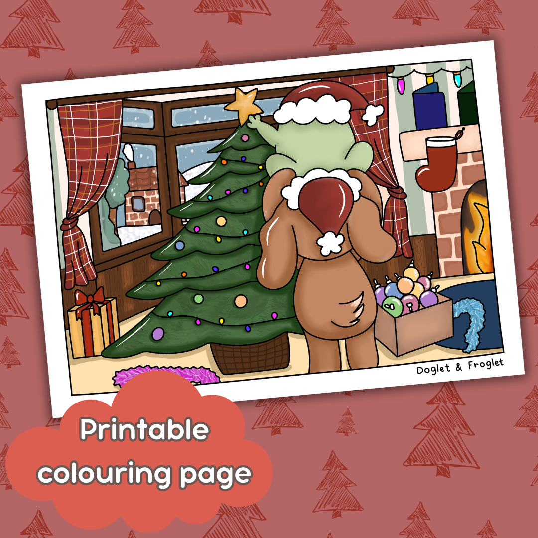 Doglet and Froglet Printable colouring pages. These digital colouring pages are cute and simple ready to download and colour straight away. Following the adventures of an adorable dog and frog, doglet and froglet downloadable colouring pages are great for adults, children and teens. Cute Christmas colouring page
