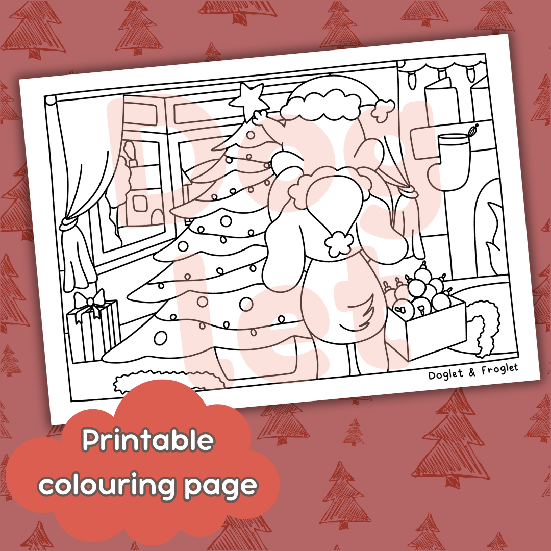 Doglet and Froglet Printable colouring pages. These digital colouring pages are cute and simple ready to download and colour straight away. Following the adventures of an adorable dog and frog, doglet and froglet downloadable colouring pages are great for adults, children and teens. Cute Christmas colouring page