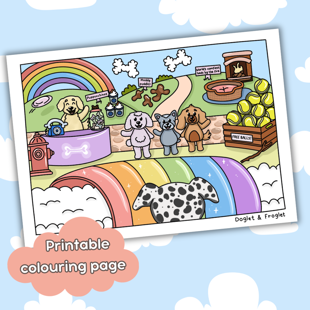 Doglet and Froglet Printable colouring pages. These digital colouring pages are cute and simple ready to download and colour straight away. Following the adventures of an adorable dog and frog, doglet and froglet downloadable colouring pages are great for adults, children and teens. Rainbow bridge colouring page