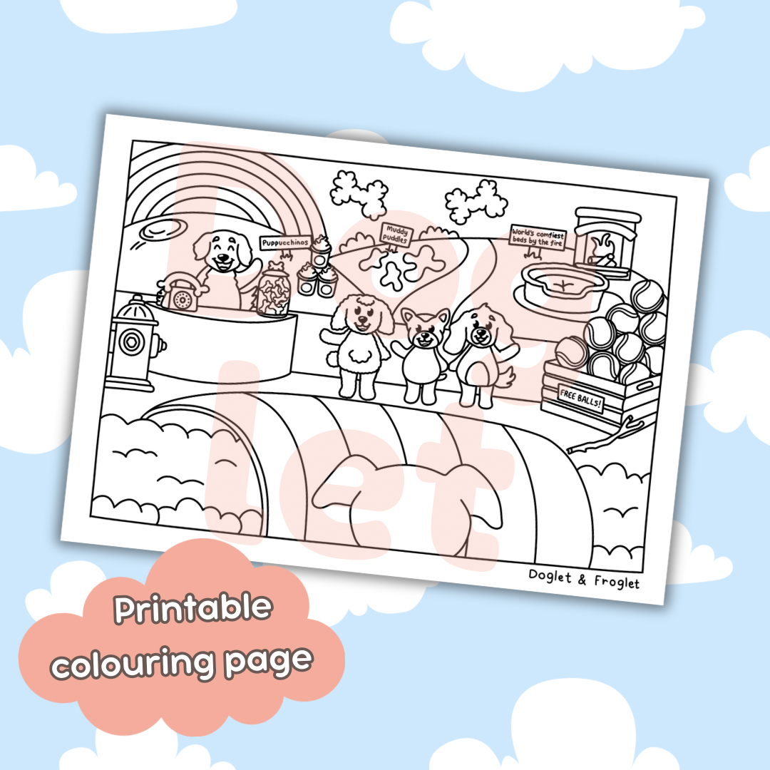 Doglet and Froglet Printable colouring pages. These digital colouring pages are cute and simple ready to download and colour straight away. Following the adventures of an adorable dog and frog, doglet and froglet downloadable colouring pages are great for adults, children and teens. Rainbow bridge colouring page