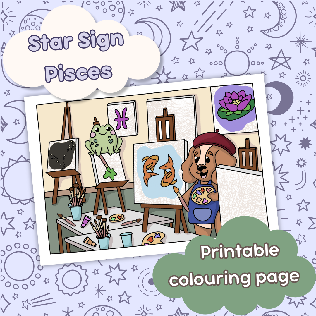 horoscope colouring page, star sign colouring page, pisces colouring page