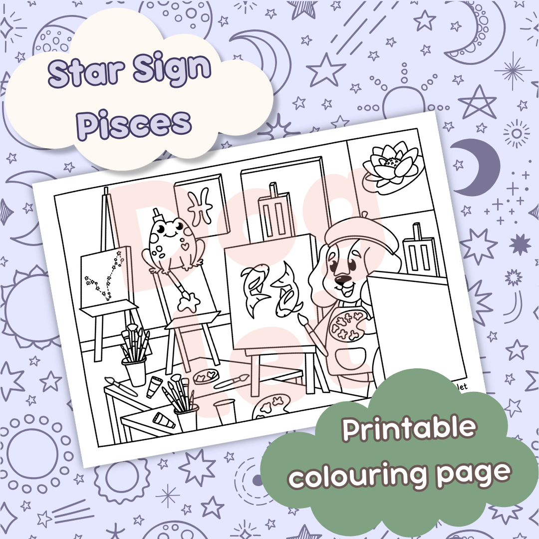 horoscope colouring page, star sign colouring page, pisces colouring page