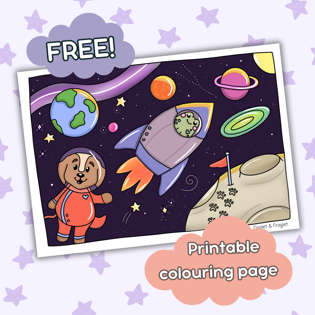Doglet and Froglet Printable colouring pages. These digital colouring pages are cute and simple ready to download and colour straight away. Following the adventures of an adorable dog and frog, doglet and froglet downloadable colouring pages are great for adults, children and teens. Free printable colouring page