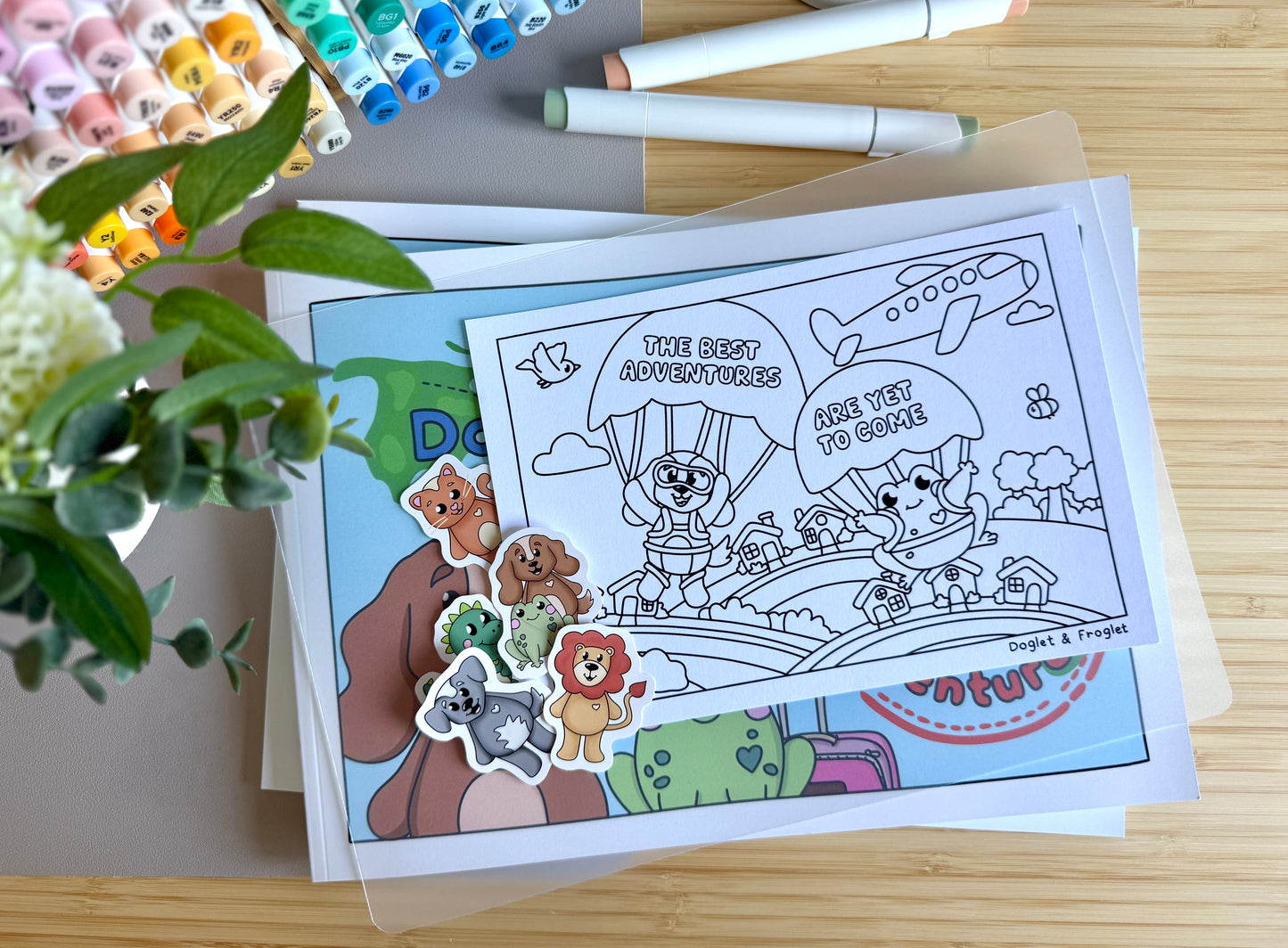 Premium A4 cardstock colouring book for adults and children in the UK featuring hand drawn Doglet and Froglet illustrations with thick bleed-resistant pages for alcohol markers
colouring book about travelling