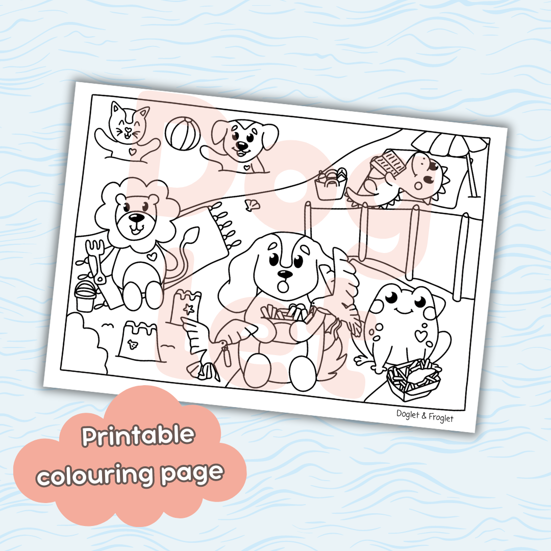 Doglet and Froglet Printable colouring pages. These digital colouring pages are cute and simple ready to download and colour straight away. Following the adventures of an adorable dog and frog, doglet and froglet downloadable colouring pages are great for adults, children and teens. beach printable colouring page