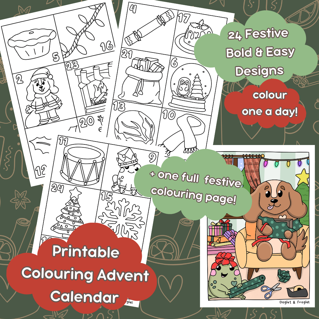 Doglet and Froglet Printable colouring pages. These digital colouring pages are cute and simple ready to download and colour straight away. Following the adventures of an adorable dog and frog, doglet and froglet downloadable colouring pages are great for adults, children and teens. colouring advent calendar, colourable advent calendar