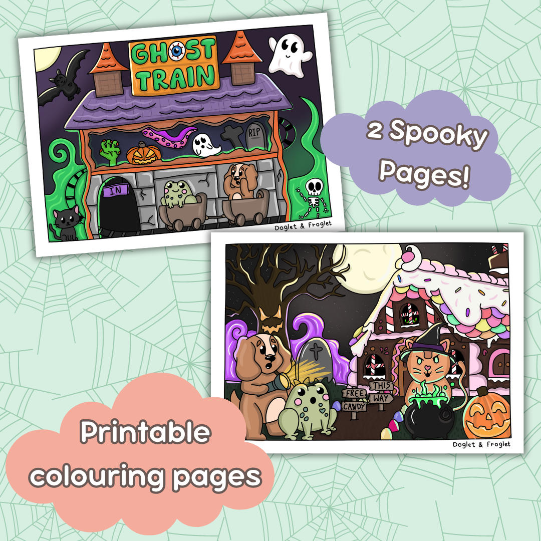 Doglet and Froglet Printable colouring pages. These digital colouring pages are cute and simple ready to download and colour straight away. Following the adventures of an adorable dog and frog, doglet and froglet downloadable colouring pages are great for adults, children and teens. cute halloween colouring pages