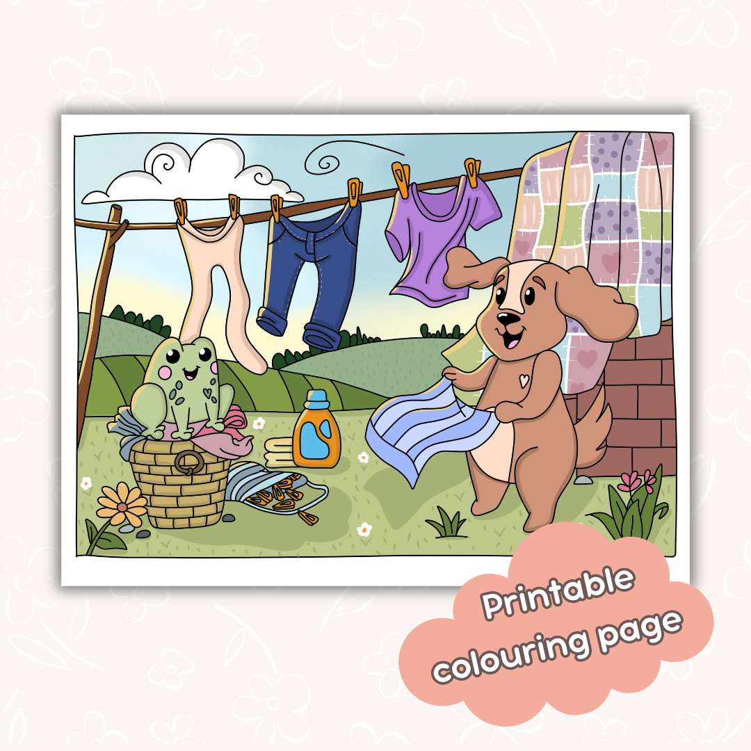 Doglet and Froglet Printable colouring pages. These digital colouring pages are cute and simple ready to download and colour straight away. Following the adventures of an adorable dog and frog, doglet and froglet downloadable colouring pages are great for adults, children and teens. laundry colouring page