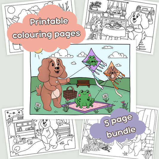 Doglet and Froglet Printable colouring pages. These digital colouring pages are cute and simple ready to download and colour straight away. Following the adventures of an adorable dog and frog, doglet and froglet downloadable colouring pages are great for adults, children and teens.
