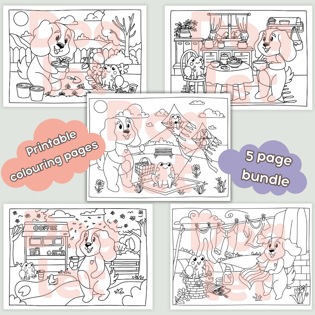Doglet and Froglet Printable colouring pages. These digital colouring pages are cute and simple ready to download and colour straight away. Following the adventures of an adorable dog and frog, doglet and froglet downloadable colouring pages are great for adults, children and teens.