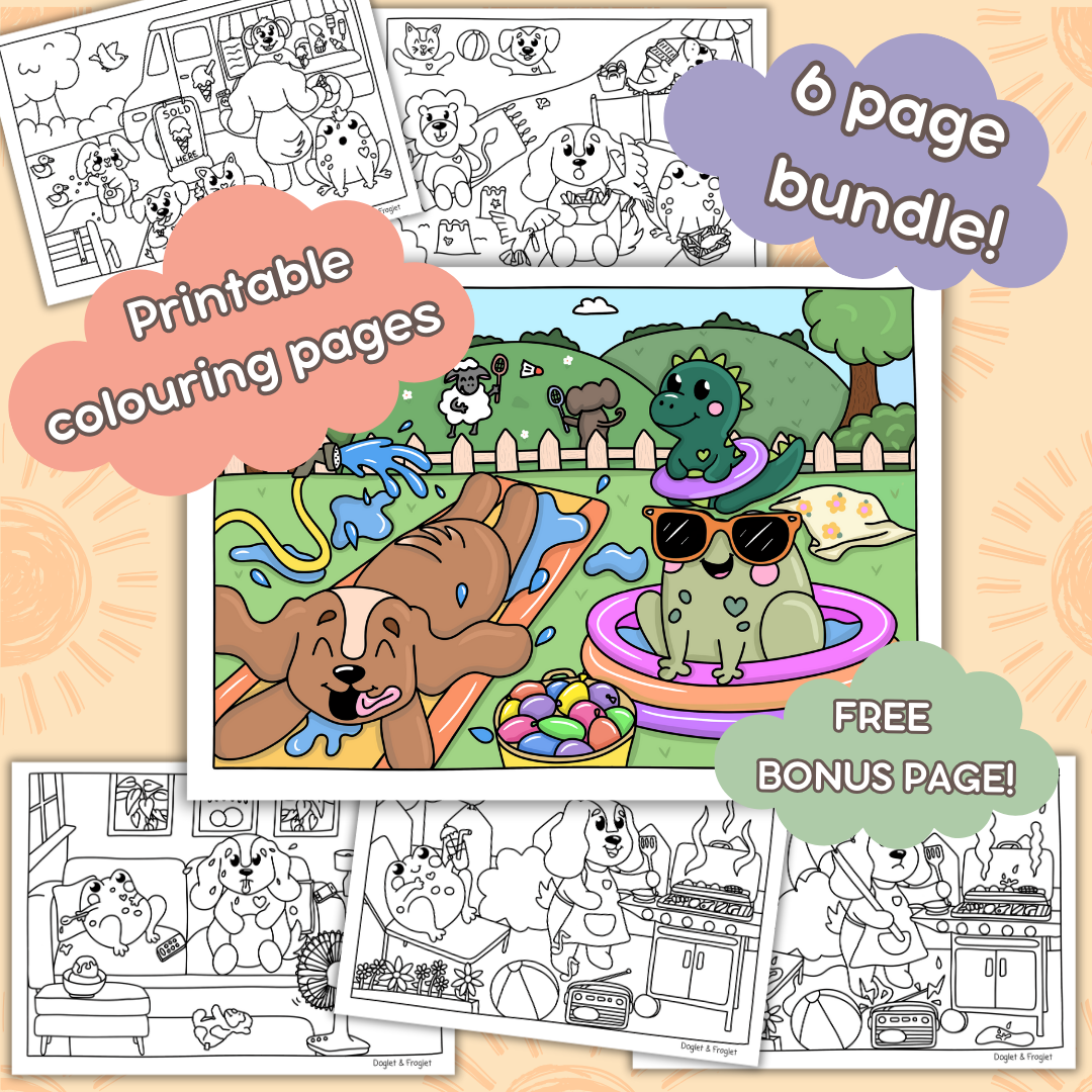 Doglet and Froglet Printable colouring pages. These digital colouring pages are cute and simple ready to download and colour straight away. Following the adventures of an adorable dog and frog, doglet and froglet downloadable colouring pages are great for adults, children and teens. summer colouring pages