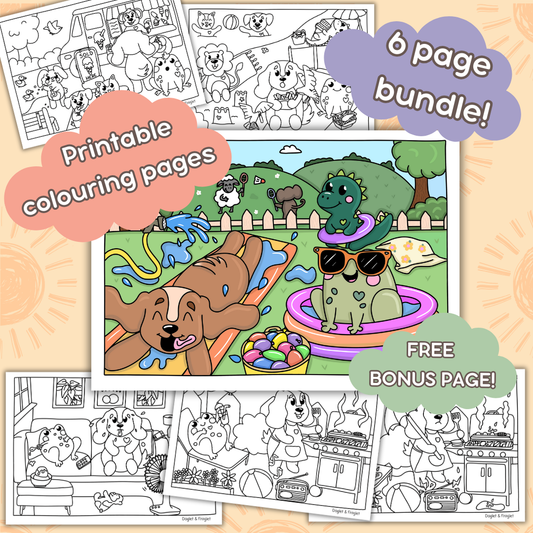 Doglet and Froglet Printable colouring pages. These digital colouring pages are cute and simple ready to download and colour straight away. Following the adventures of an adorable dog and frog, doglet and froglet downloadable colouring pages are great for adults, children and teens. summer colouring pages
