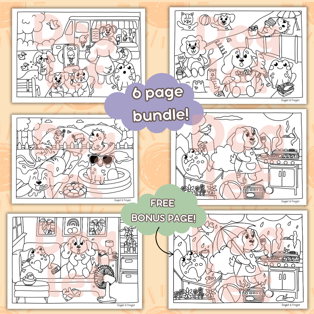 Doglet and Froglet Printable colouring pages. These digital colouring pages are cute and simple ready to download and colour straight away. Following the adventures of an adorable dog and frog, doglet and froglet downloadable colouring pages are great for adults, children and teens. summer colouring pages