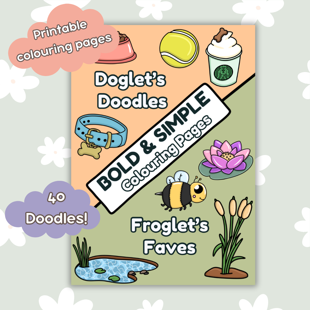 bold and easy colouring book. colouring book for dog lovers. Doglet and Froglet Printable colouring pages. These digital colouring pages are cute and simple ready to download and colour straight away. Following the adventures of an adorable dog and frog, doglet and froglet downloadable colouring pages are great for adults, children and teens.