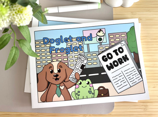 colouring book uk, cute colouring book uk, colouring book with dogs, colouring book with frogs, adult colouring book, colouring book for kids, doglet and froglet, careers colouring book