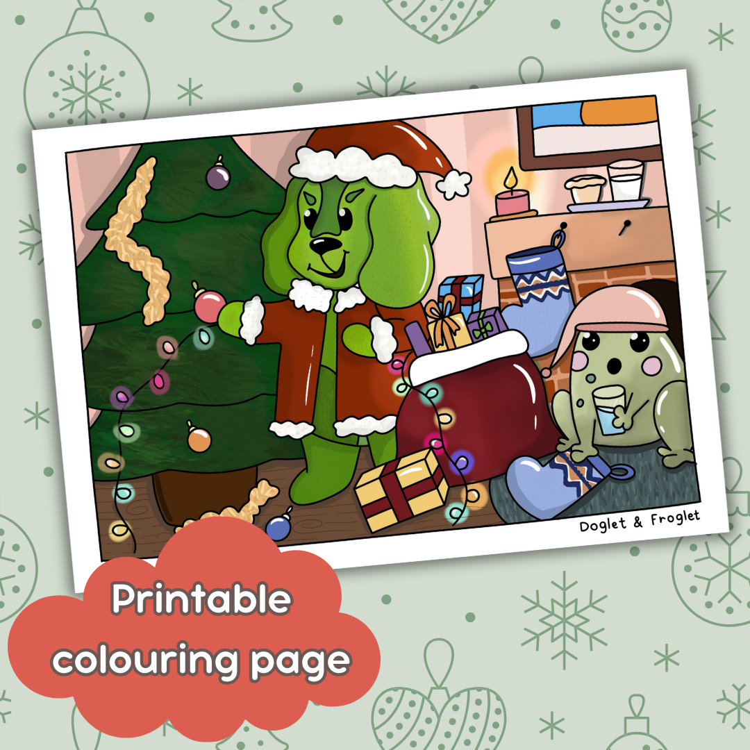 Doglet and Froglet Printable colouring pages. These digital colouring pages are cute and simple ready to download and colour straight away. Following the adventures of an adorable dog and frog, doglet and froglet downloadable colouring pages are great for adults, children and teens. Cute Christmas colouring page