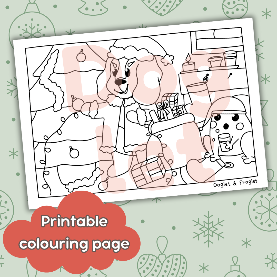 Doglet and Froglet Printable colouring pages. These digital colouring pages are cute and simple ready to download and colour straight away. Following the adventures of an adorable dog and frog, doglet and froglet downloadable colouring pages are great for adults, children and teens. Cute Christmas colouring page