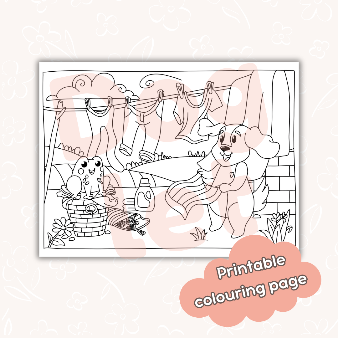 Doglet and Froglet Printable colouring pages. These digital colouring pages are cute and simple ready to download and colour straight away. Following the adventures of an adorable dog and frog, doglet and froglet downloadable colouring pages are great for adults, children and teens. laundry colouring page