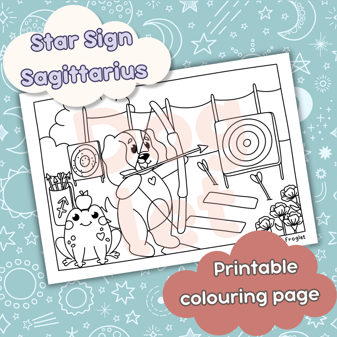 Doglet and Froglet Printable colouring pages. These digital colouring pages are cute and simple ready to download and colour straight away. Following the adventures of an adorable dog and frog, doglet and froglet downloadable colouring pages are great for adults, children and teens. Horoscope colouring page. Sagittarius star sign colouring page