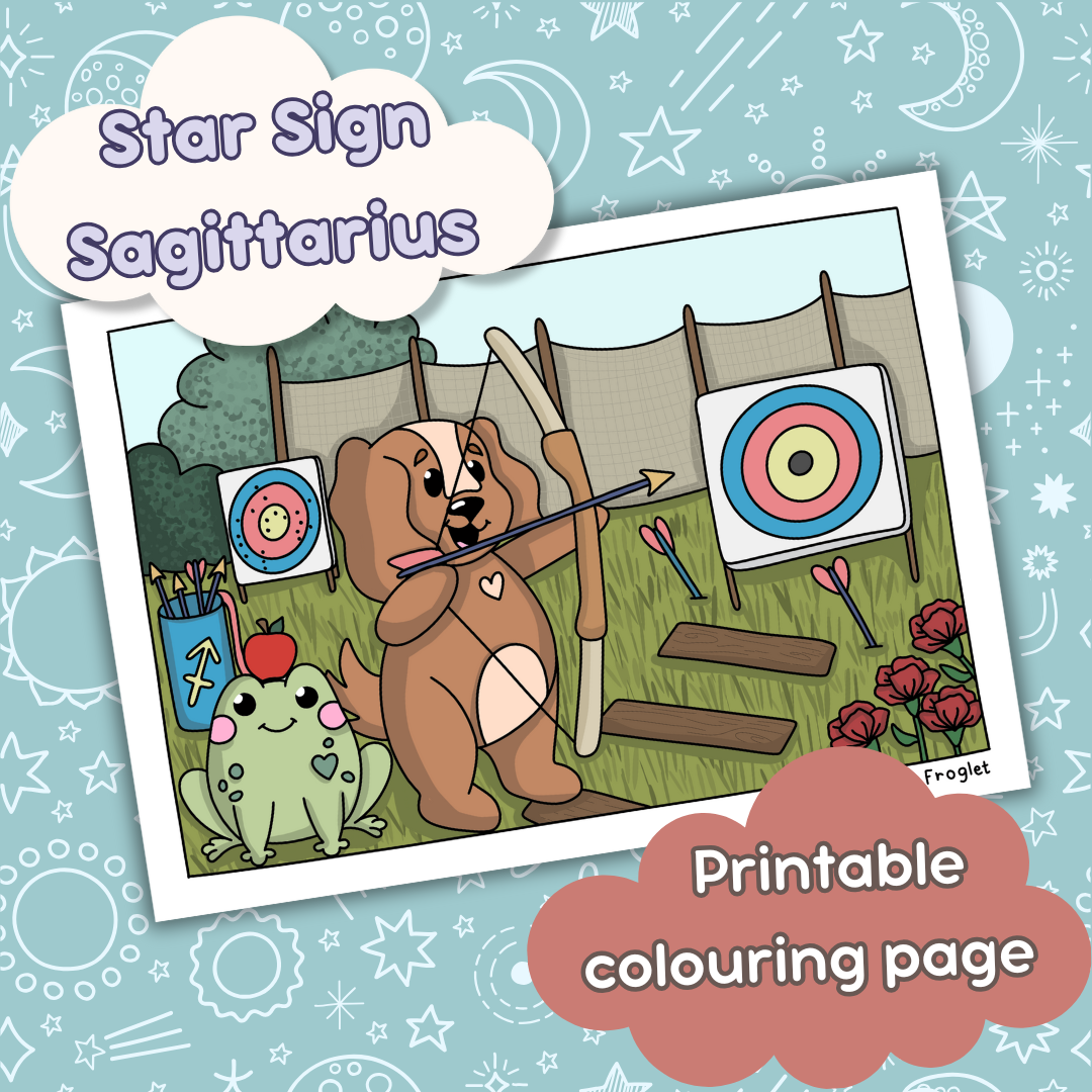 Doglet and Froglet Printable colouring pages. These digital colouring pages are cute and simple ready to download and colour straight away. Following the adventures of an adorable dog and frog, doglet and froglet downloadable colouring pages are great for adults, children and teens. Horoscope colouring page. Sagittarius star sign colouring page